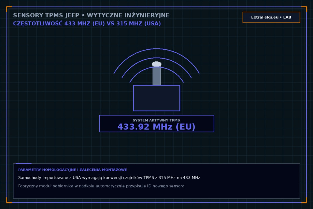 Czujniki TPMS w autach Jeep: częstotliwość 433 MHz (Europa) vs 315 MHz (import USA), procedury Auto-Learn